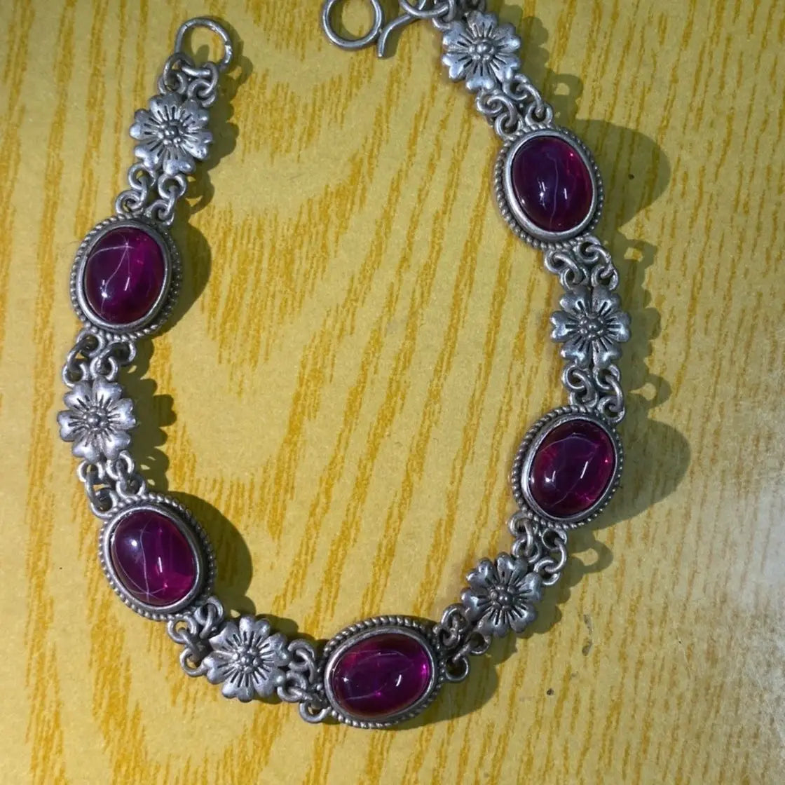Antique old silver starlight gemstone bracelet, hand - inlaid starlight gemstones, retro style