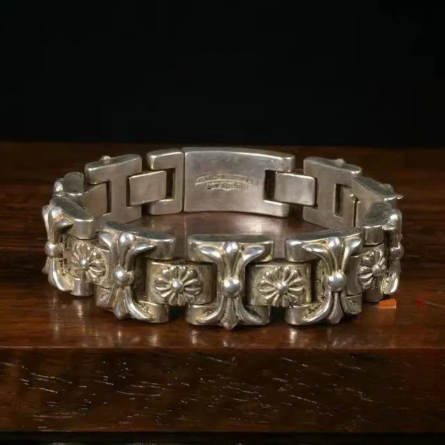 Antique Collectible Handmade Silver Chain Bracelet with Traditional Patterns - Unisex Birth Gift Jewelry