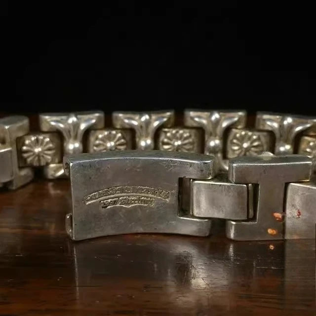 Antique Collectible Handmade Silver Chain Bracelet with Traditional Patterns - Unisex Birth Gift Jewelry