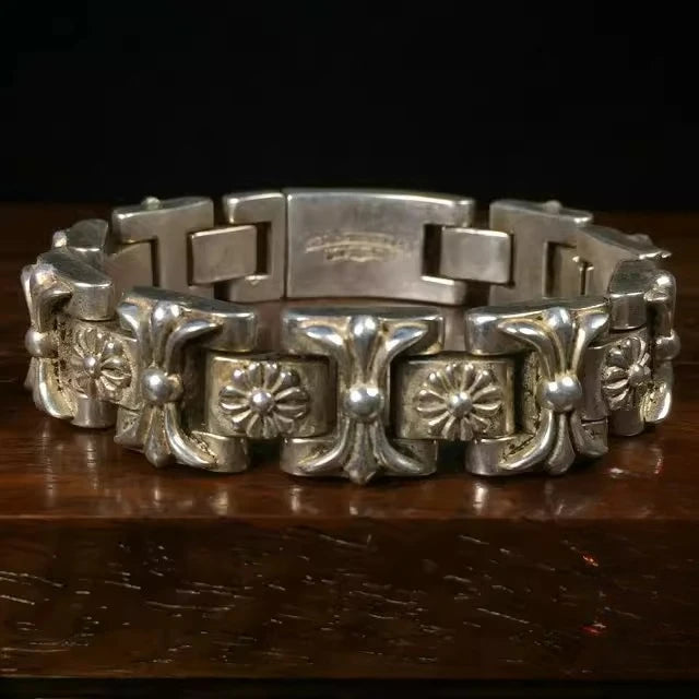 Antique Collectible Handmade Silver Chain Bracelet with Traditional Patterns - Unisex Birth Gift Jewelry